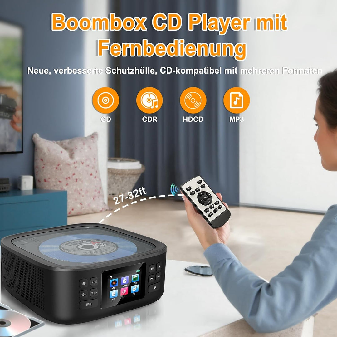 CD Player Tragbar, CCHKFEI Boombox CD Player Bluetooth & Radio FM mit Dual Stereo Lautsprecher LED-B
