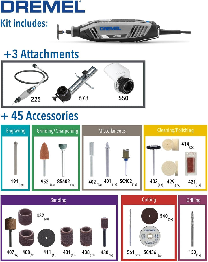 Dremel 4250 Rotationswerkzeug 175 W, Multifunktionswerkzeug-Set mit 3 Vorsatzgeräten und 45 Zubehöre