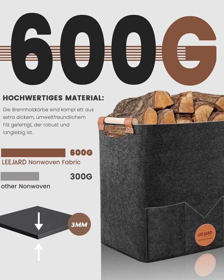 2 Holzkörbe für Kaminholz, grosser Holzkorb aus Filz, auch als Aufbewahrungstasche oder Einkaufskorb