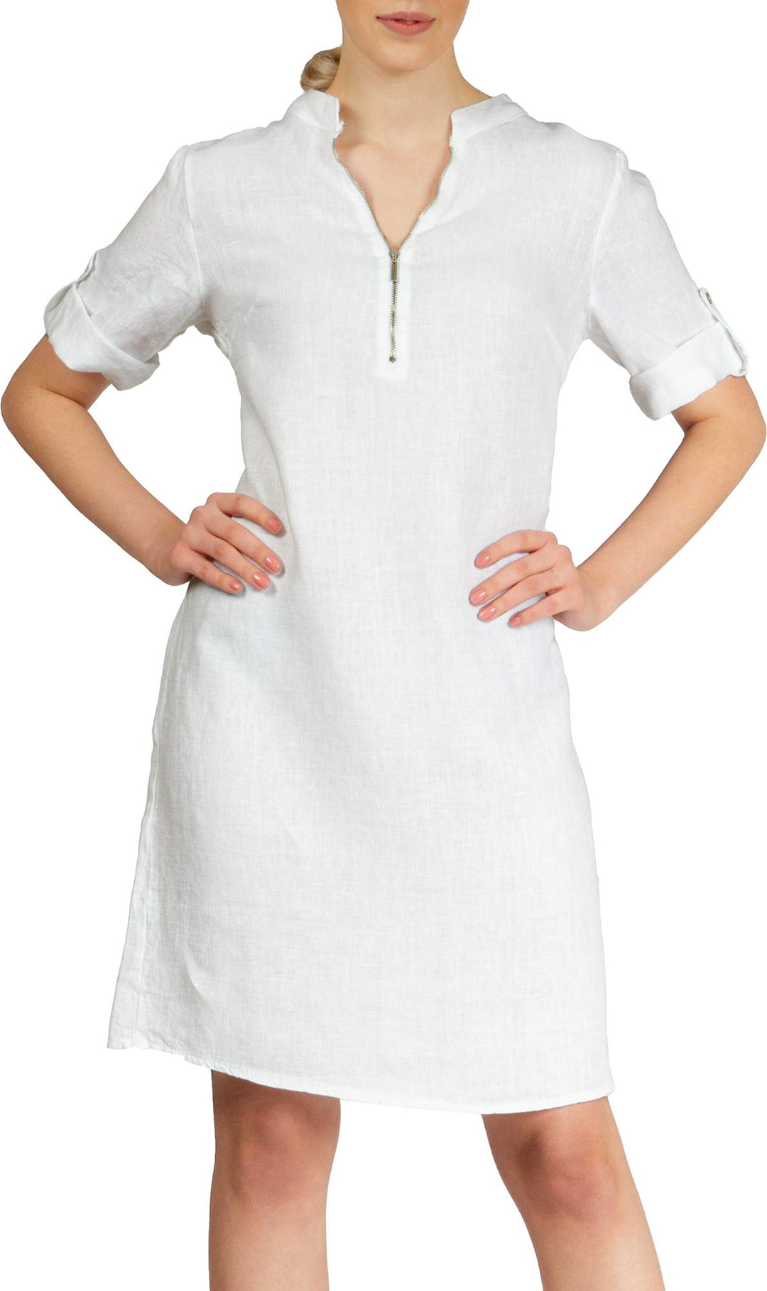 Caspar SKL037 stylisches knielanges Damen Sommer Leinenkleid mit Reissverschluss Ausschnitt 36 Weiss