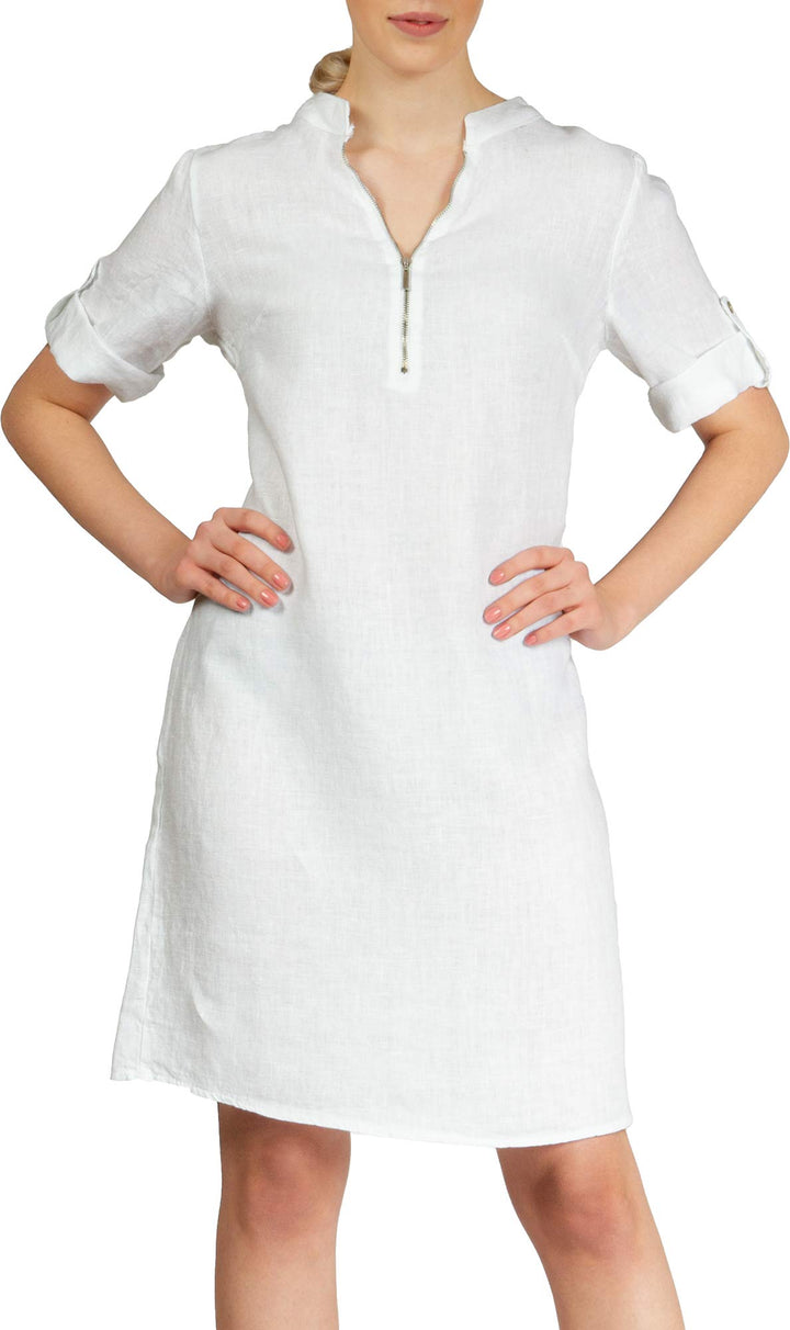 Caspar SKL037 stylisches knielanges Damen Sommer Leinenkleid mit Reissverschluss Ausschnitt 36 Weiss