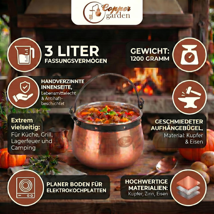 CopperGarden Kupferkessel 3 L mit Henkel - Hexenkessel I Robuster Kessel aus verzinntem Kupfer: Idea