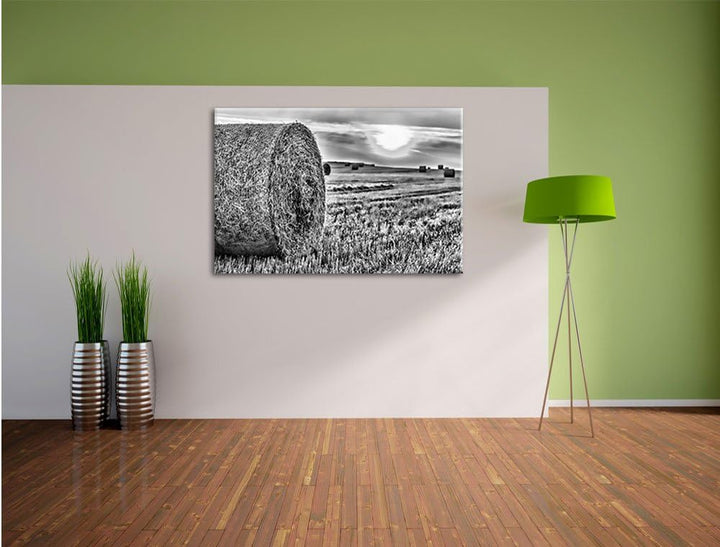 Pixxprint Strohballen auf Feld / 100x70cm Leinwandbild bespannt auf Holzrahmen/Wandbild Kunstdruck D