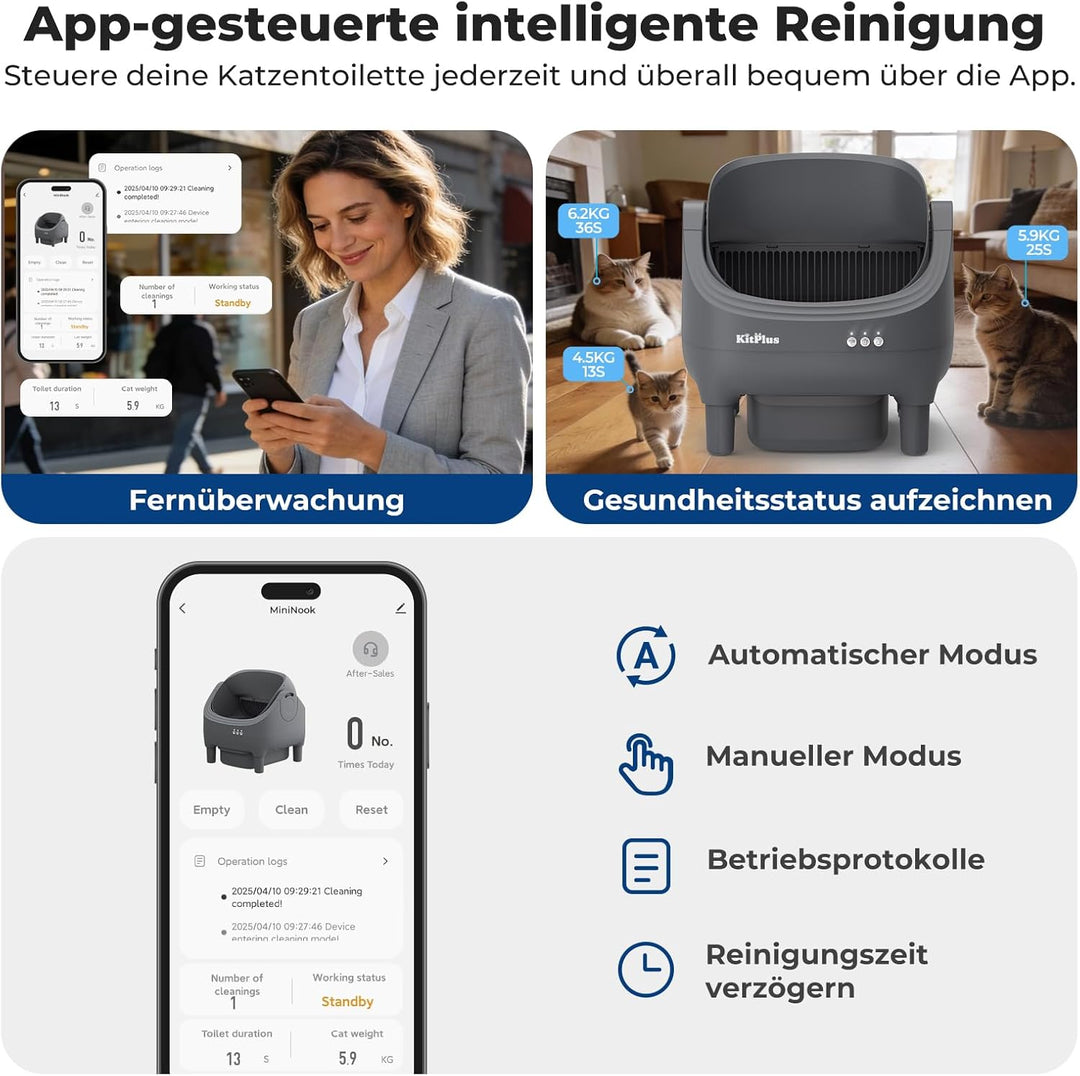 Selbstreinigende Katzentoilette mit App-Steuerung, Extra grosse Kapazität, Geruchsfrei, Automatische