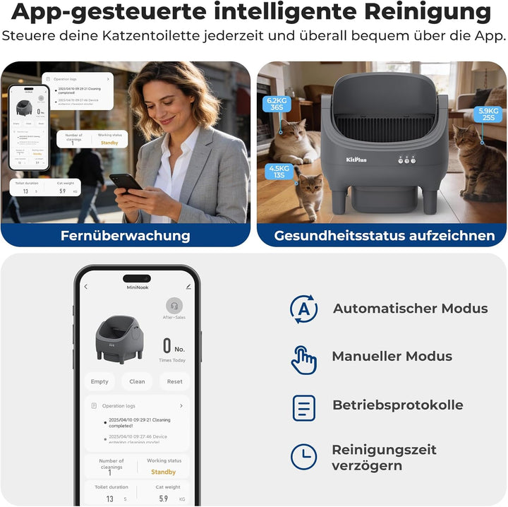 Selbstreinigende Katzentoilette mit App-Steuerung, Extra grosse Kapazität, Geruchsfrei, Automatische