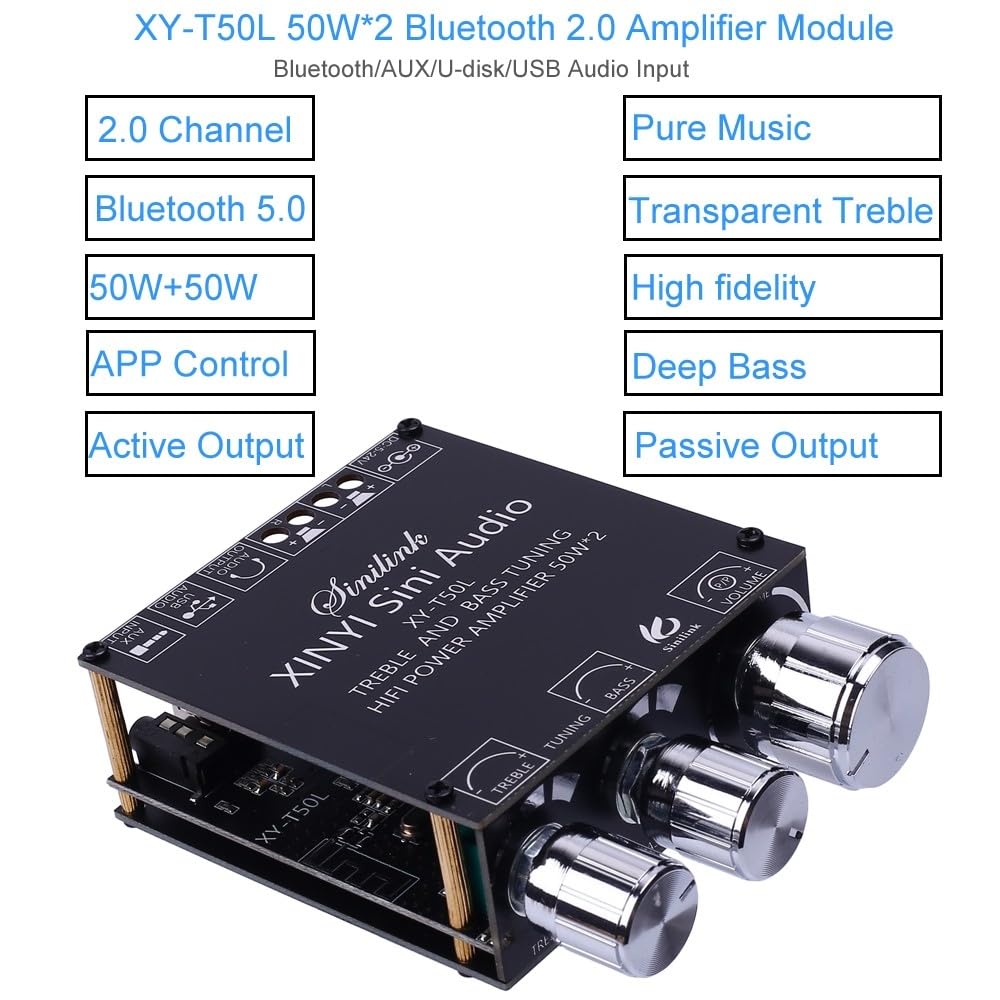 Endverstärkerplatine, DC 5V-26V Bluetooth Amplifier Board 2.0 Kanal 50W*2 BLE5.0 Treble Bass AUX/U-D