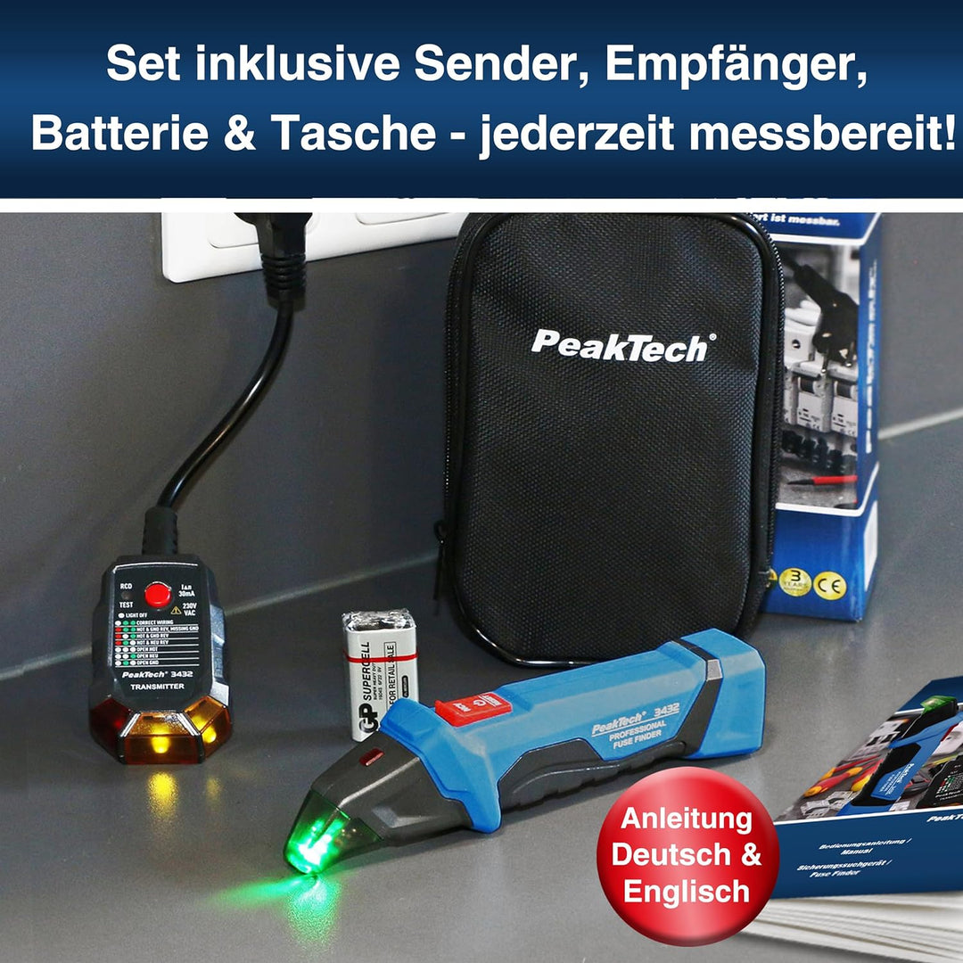PeakTech 3432 Sicherungsfinder / Stromkreisfinder mit Steckdosentester für 230V Schuko, kontaktlose