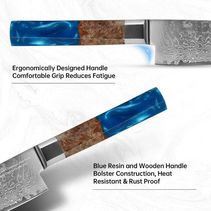 20cm Damast Küchenmesser mit Ergonomischer Blauem Harz-Holzgriff