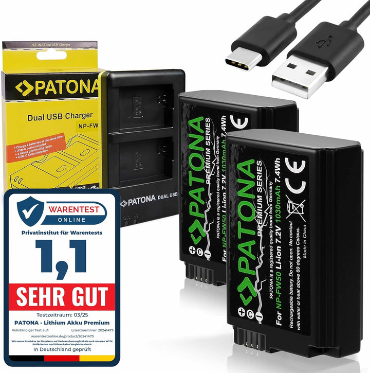 PATONA Premium NP-FW50 2X (1030mAh) - mit USB Dual Ladegerät 1964 - ZV-E10 - DSC RX10 - Alpha 6100 6