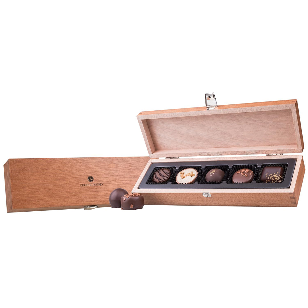 CHOCOLISSIMO - Schokolade Geschenk - Pralinen Geschenk - 5 Pralinen im Holzkästchen - Geschenkidee,
