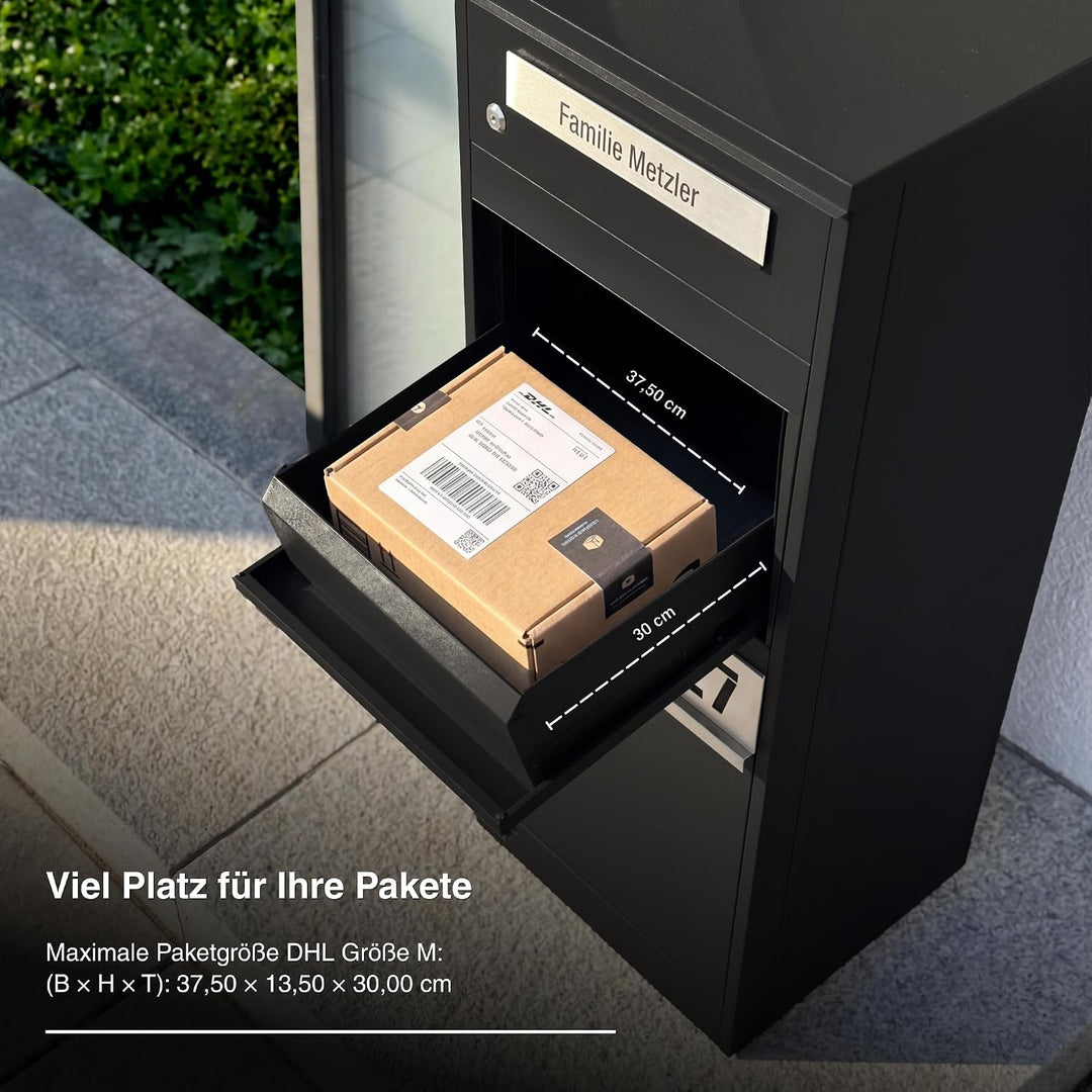 Metzler Paketbox mit 1 Briefkasten – Einzel-Briefkasten mit Paketfach & Namensgravur, personalisiert
