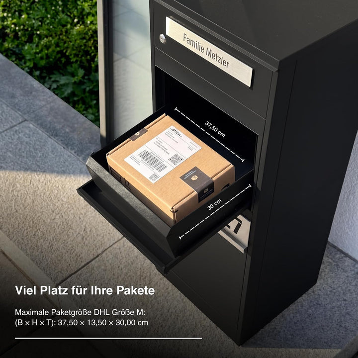 Metzler Paketbox mit 1 Briefkasten – Einzel-Briefkasten mit Paketfach & Namensgravur, personalisiert