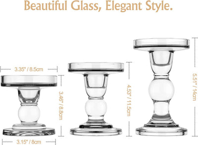 Lewondr Glas Kerzenhalter, 3 Stücke Kristallklar Kerzenständer in Unterschiedlicher Grösse, Elegant