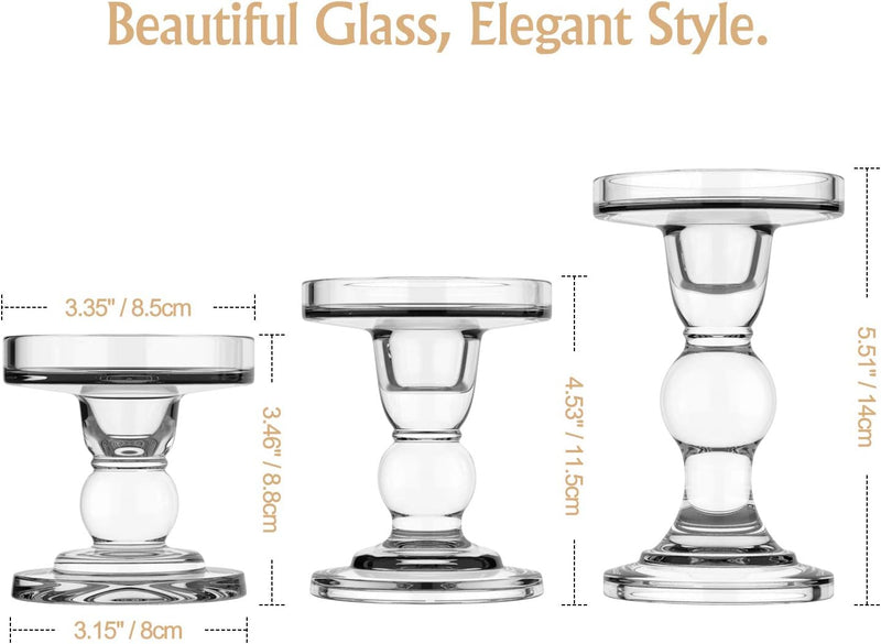 Lewondr Glas Kerzenhalter, 3 Stücke Kristallklar Kerzenständer in Unterschiedlicher Grösse, Elegant