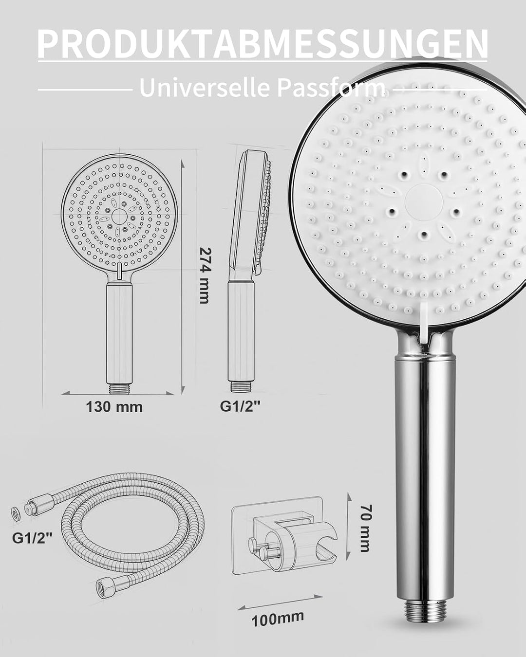 OFFO Duschkopf mit Schlauch 1,6m und Halterung, Handbrause mit Filter 6 Strahlarten, Duschkopf Gross