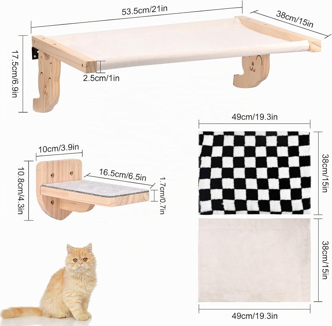 Katzenhängematte und Wandregal, Holzmöbel für Katzen, Schlaf- und Spielplattform