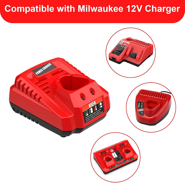 Ersatzladegerät für Milwaukee Ladegerät 12V Kompatibel mit Milwaukee Akku 12V 48-11-2401 48-11-2402