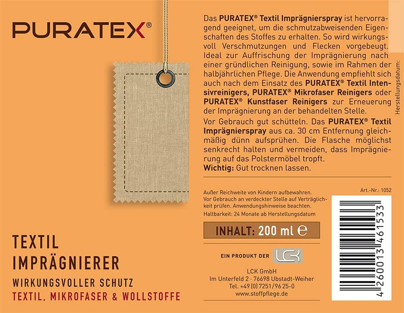 PURATEX Imprägnierer für alle Textilien auf Möbeln und im Auto 200 ml von LCK