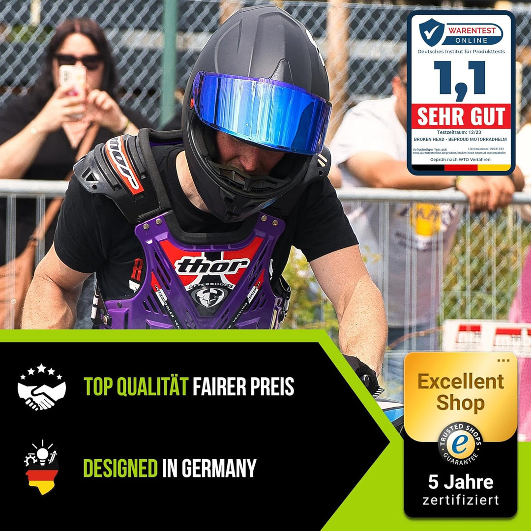 Broken Head BeProud Sport Blau Ltd. - Motorradhelm Mit 2 Visieren (Schwarz + Klar) Integralhelm Matt