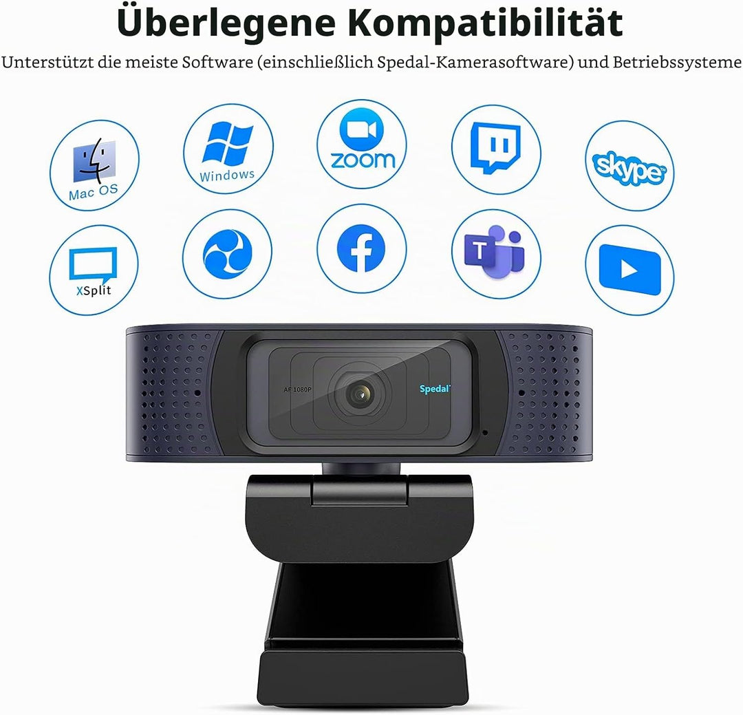 Spedal 1080p Full HD Webcam mit Autofokus, Dual Mikrofon & Privatsphäre Schutz, USB Anschluss, kompa