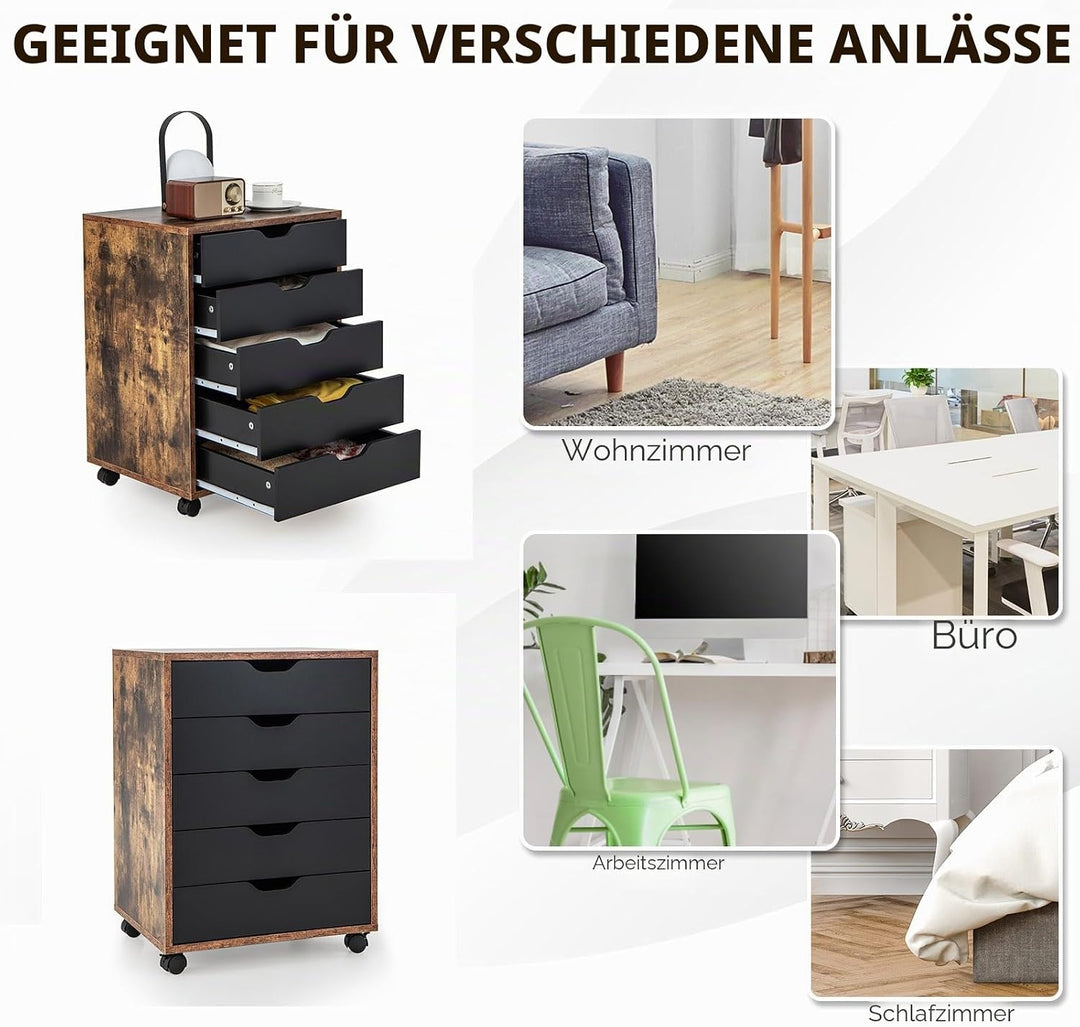 KOMFOTTEU Rollcontainer mit Schubladen, mobiler Aktenschrank Schubladenschrank mit Räder, Bürowagen
