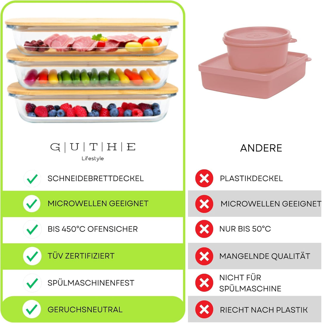 GUTHE Lifestyle 3er Set Aufschnittboxen für Kühlschrank glas, stapelbare Frischhaltedosen mit Holzde