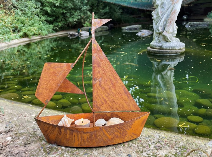 STEINFIGURENWELT GIEBEN Edelrost Schiff zum Bepflanzen 30x27cm Rost Blumentopf Segelschiff Boot Edel