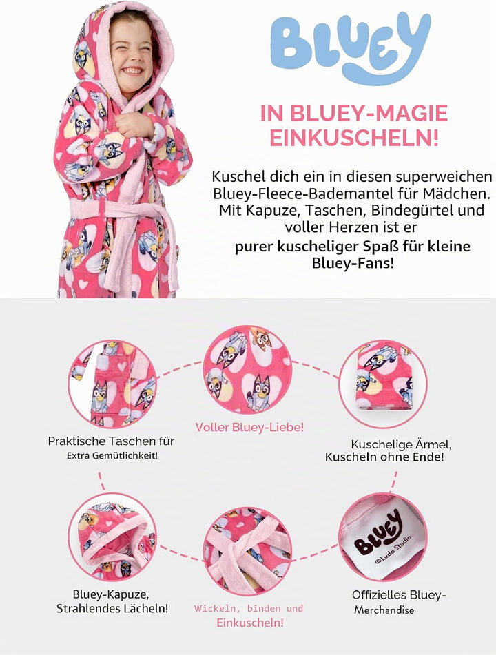 BlueY Bademantel Kinder, Bingo Morgenmantel Mädchen Mit Kapuze, Fleece Bademantel Mädchen 122, 122