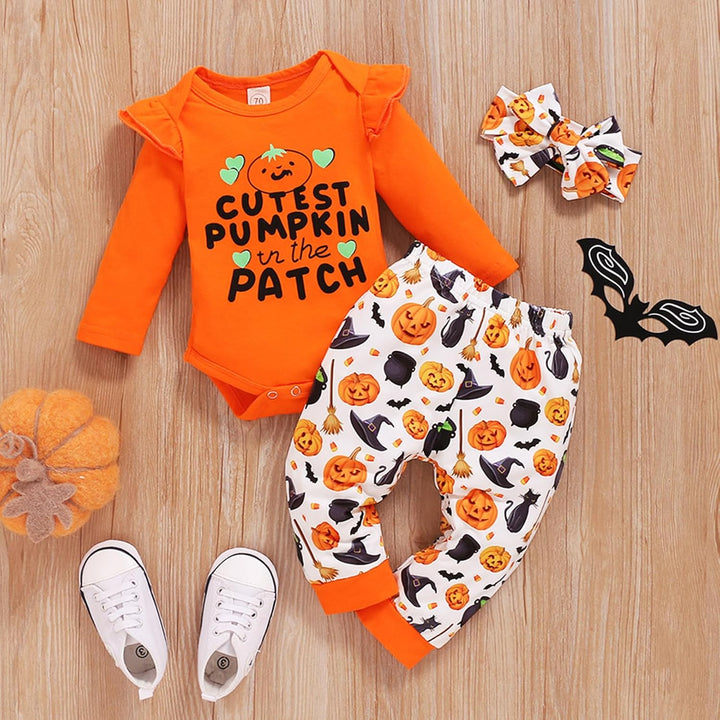 Baby Mädchen Kleidung Set 3tlg My First Halloween Langarm Outfit mit Stirnband und langem Kürbis Hos