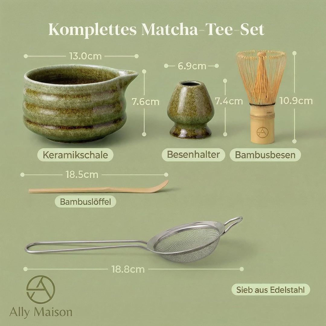 Design Matcha Set 5-teilig in grün – Hochwertige Keramikschale mit Bambusbesen (Chasen) – Stilvolles