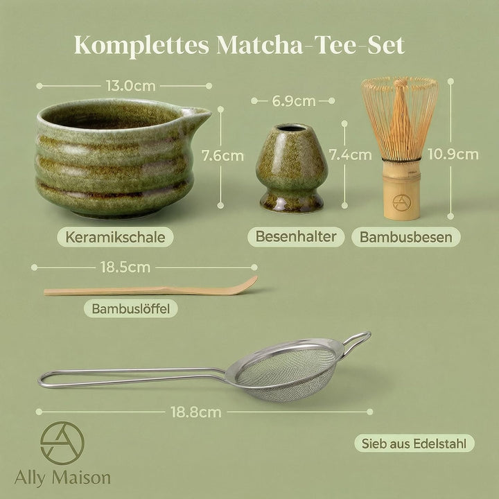 Design Matcha Set 5-teilig in grün – Hochwertige Keramikschale mit Bambusbesen (Chasen) – Stilvolles