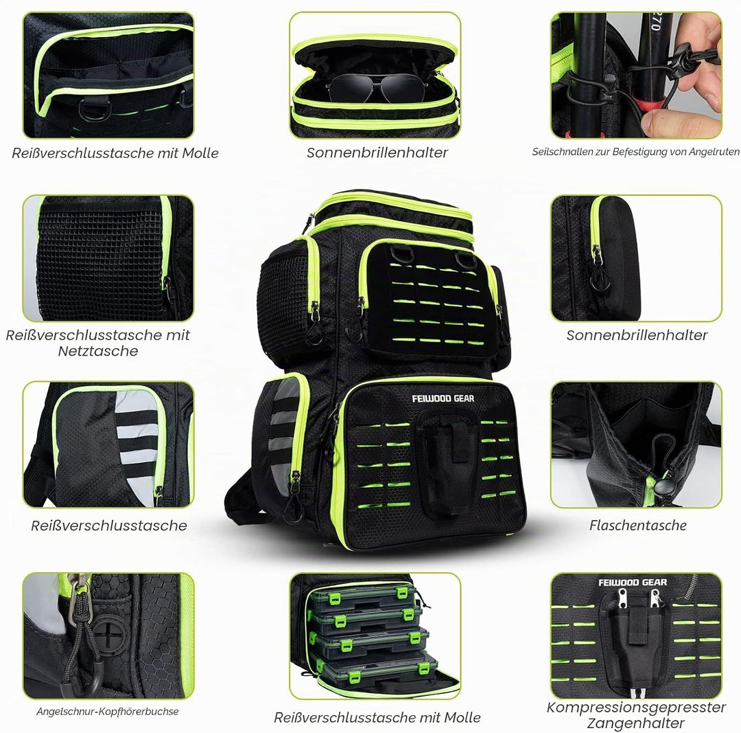 FEIWOOD GEAR Angelausrüstungs-Rucksack mit 4 Angelboxen, grosser Stauraum – widerstandsfähiger Angel