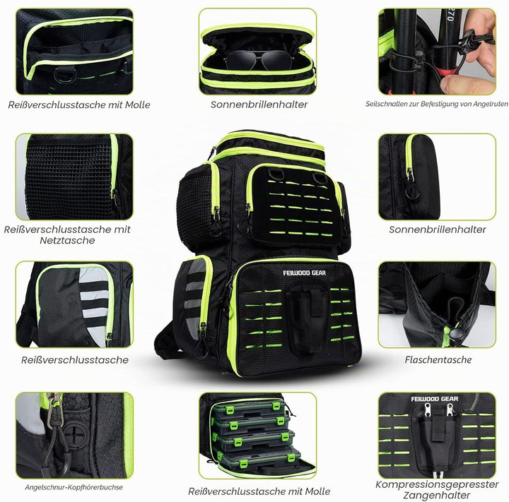 FEIWOOD GEAR Angelausrüstungs-Rucksack mit 4 Angelboxen, grosser Stauraum – widerstandsfähiger Angel