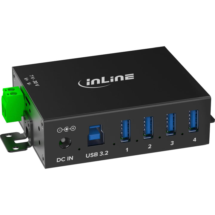 Inline USB 3.2 Gen.1 Industrie-Hub mit 4 Ports, Aluminiumgehäuse, DIN-Schienen-Montage, aktiver USB-