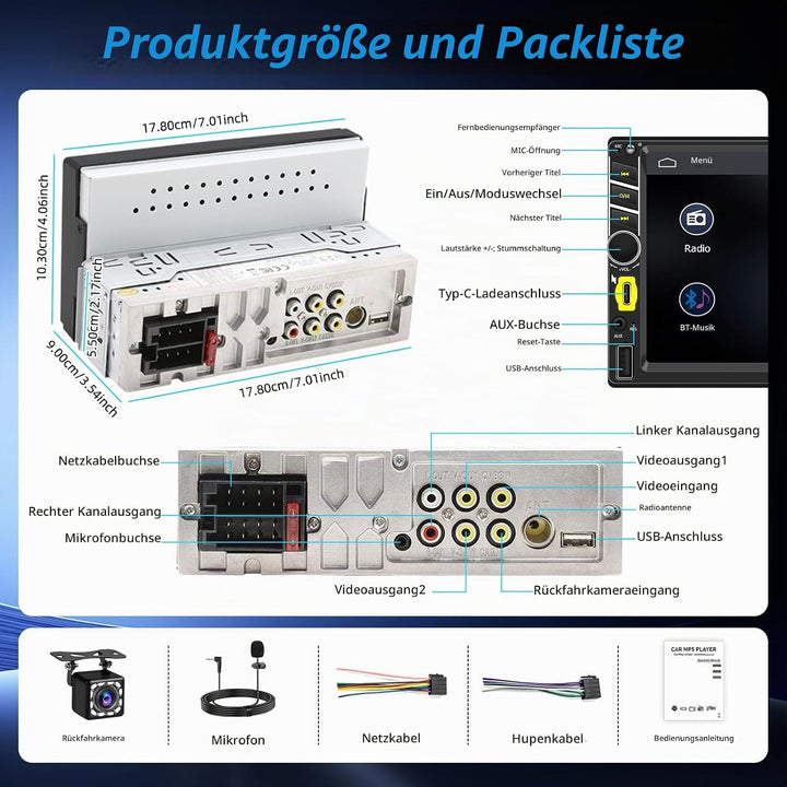 WERESOUND 1 DIN Autoradio mit Wireless CarPlay Android Auto, 7 Zoll Touchscreen Display, Bluetooth F