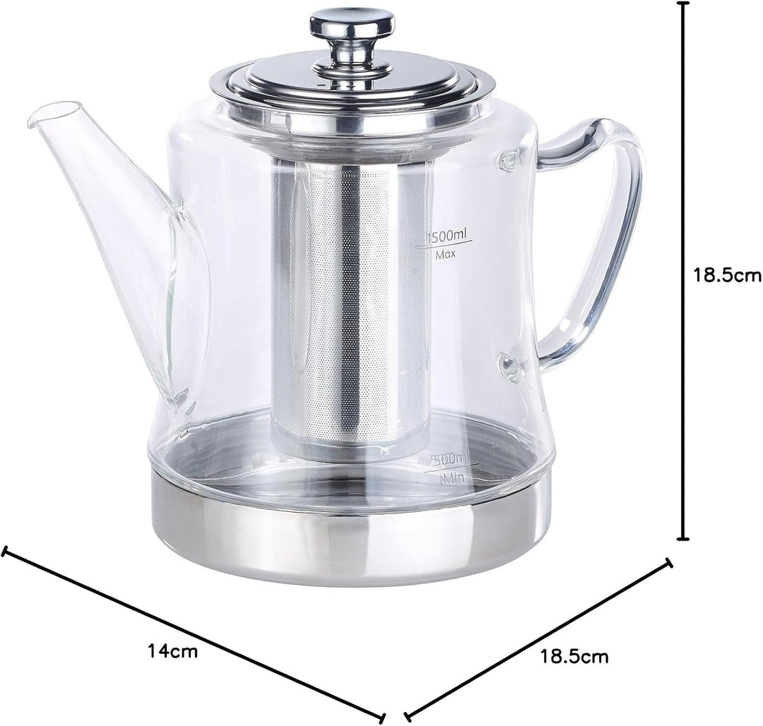 Rosenstein & Söhne Teekocher: 2in1-Glas-Teebereiter & Teekanne für alle Herde, auch Induktion, 1,5 l