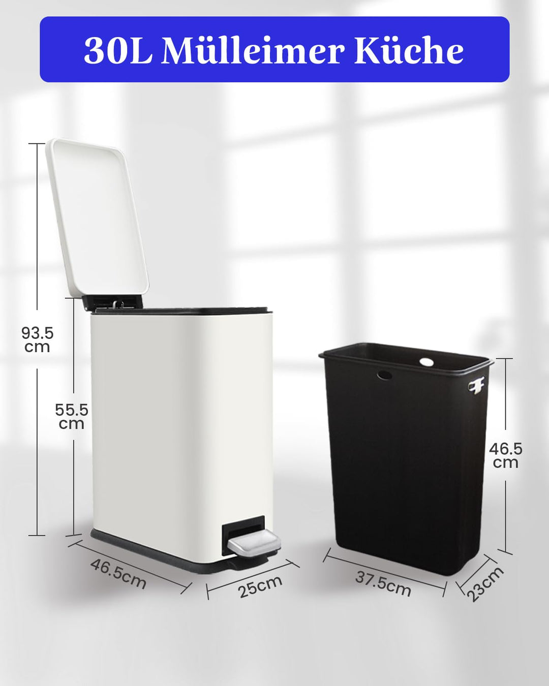 Mülleimer Küche 30L, Schmaler Tretmülleimer mit Deckel, Edelstahl Küchenmülleime mit Inneneimer, Rec