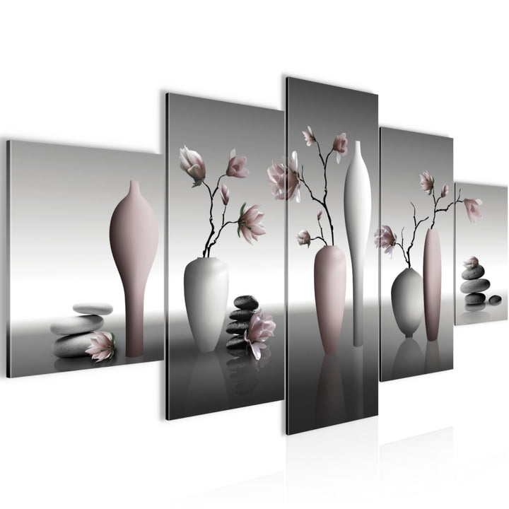 Runa Art Wandbilder Blumen Magnolien 5 Teilig Bild auf Vlies Leinwand Deko Wohnzimmer Spa Schwarz We