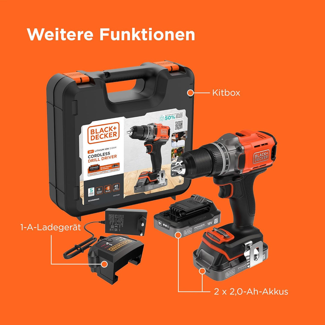 BLACK+DECKER POWERCONNECT 18V Akku-Bohrschrauber mit 2 x 2,0-Ah-Akkus, 1-A-Ladegerät und Kitbox, BCD