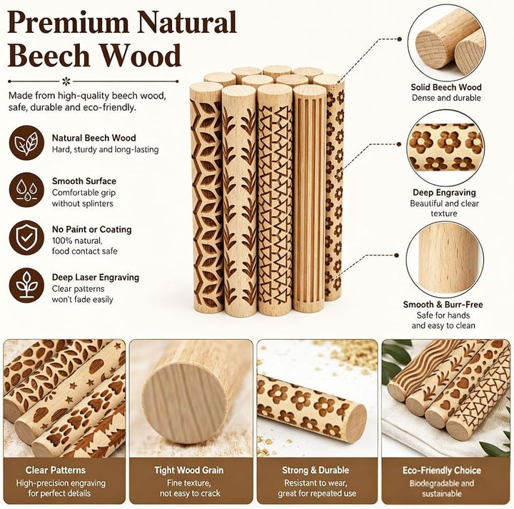 16 Stück Holz Texturrolle für Ton & Keramik 10x1.5cm 16 Stile Töpferstempel Rollen Klein Runde Töpfe