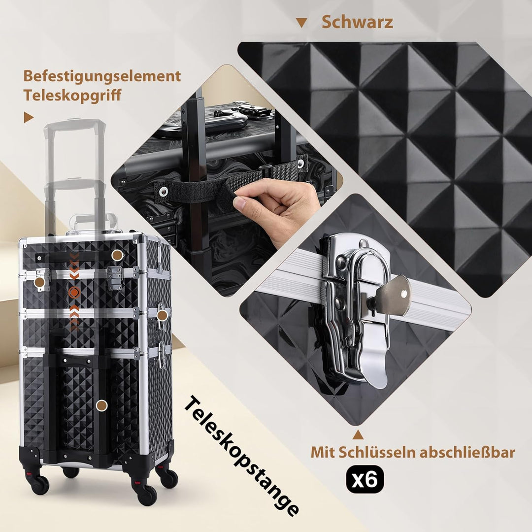 Make up Koffer Kosmetikkoffer Trolley Kosmetik Trolley 3-in-1 Schminkkoffer mit Rollen Friseurkoffer