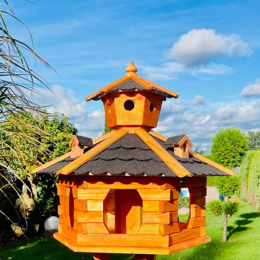 handgefertigtes Sechseck Vogelhaus aus Holz wetterfest M - XXL mit und ohne Ständer, Futterhaus, Fut