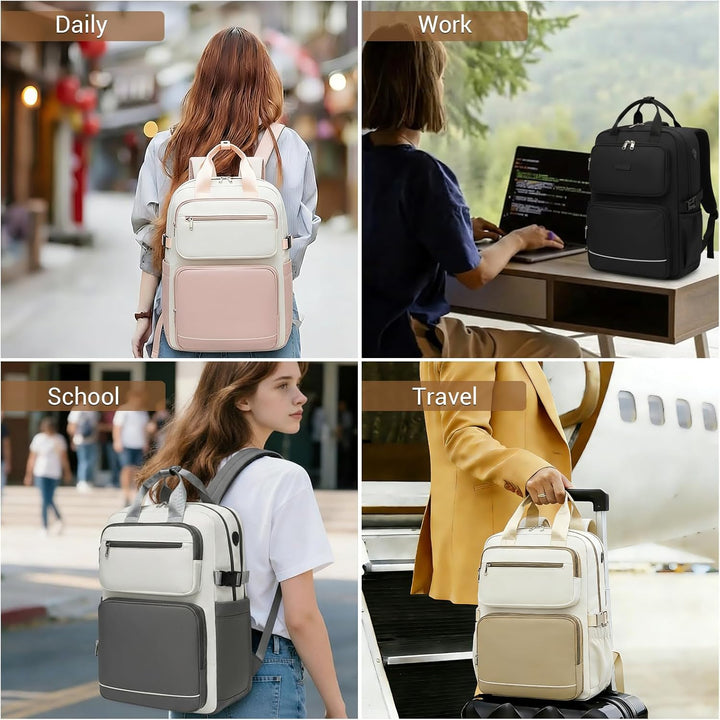 KONO Rucksack Damen 15,6 Zoll Laptop Rucksack, Grosse Wasserdicht Schulrucksack mit Flaschenfach, 2