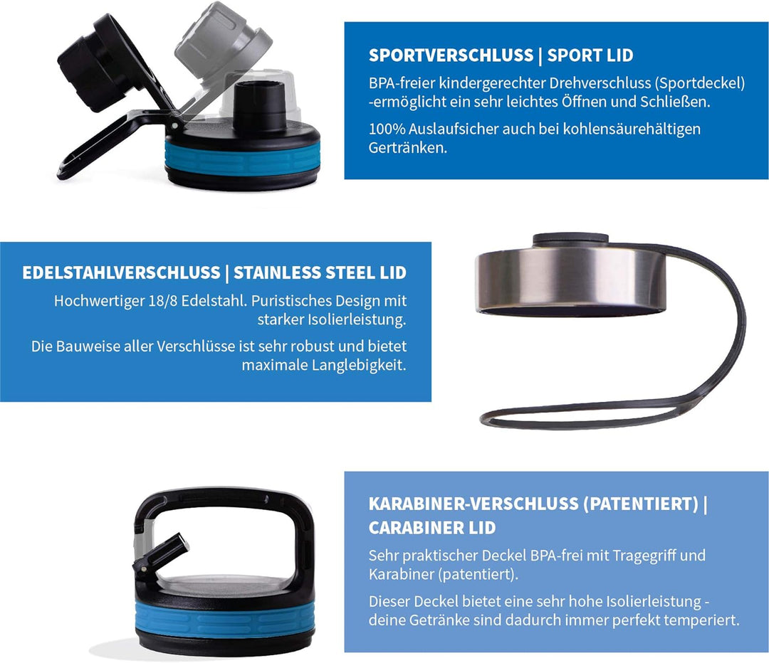 hydro2go ® Edelstahl Trinkflasche X-AlpsBottle - 1000ml / 1l | vakuumisolierte Thermosflasche + 3 Tr