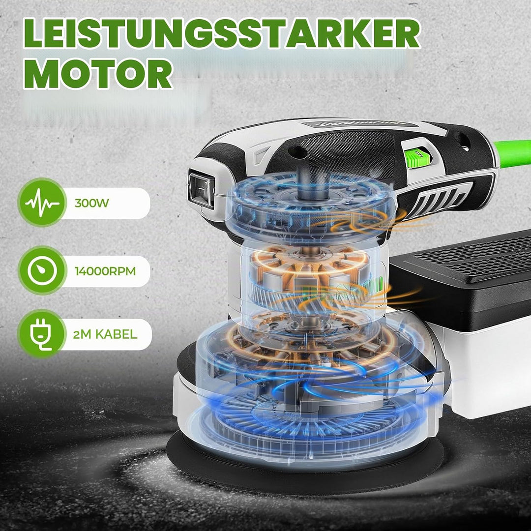 DESOON Exzenterschleifer 125mm, 300W Schleifmaschine für Holz mit 6 Geschwindigkeiten und Max.14000