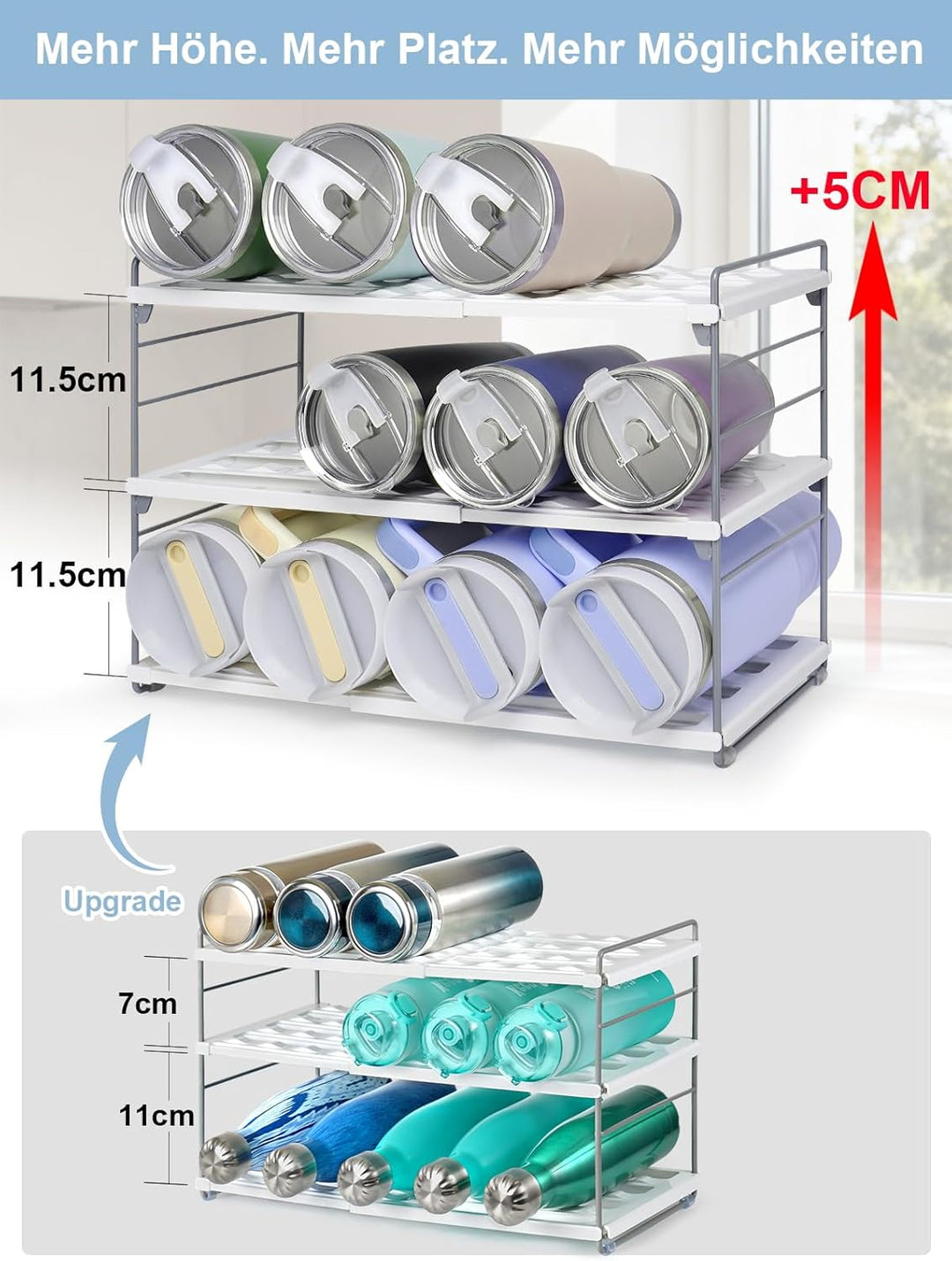 JUPELI 3-Schicht Flaschenregal Verstellbar Flaschenhalter Küche Kühlschrank | Für 1.2L Thermoskannen
