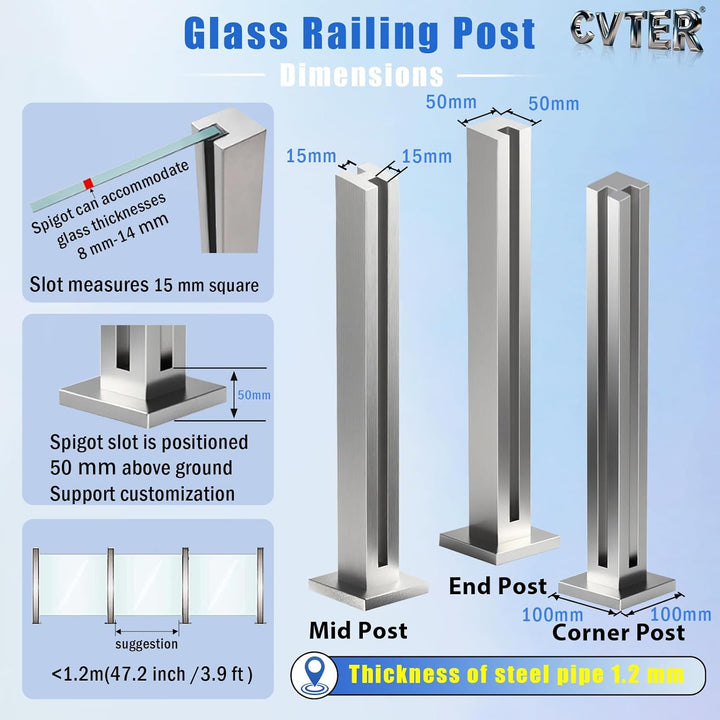 Cvter aus Edelstahl Glasgeländer pfosten mit Einsteckenden 80cm – Schwerlastbereich Glasmontageklemm