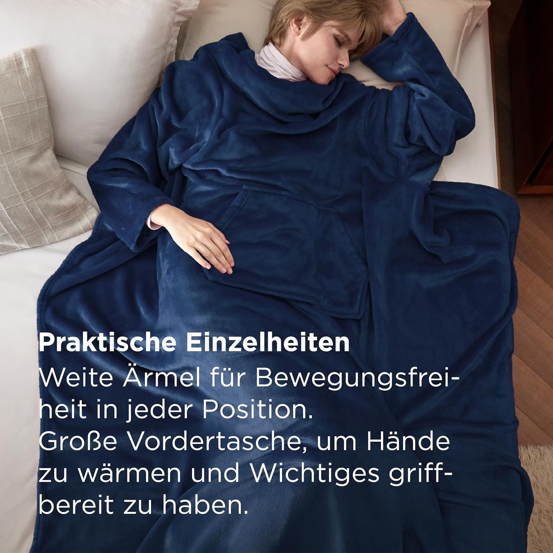 BEDSURE Decke mit Ärmeln als Geschenke für Frauen - Kuscheldecke mit Ärmeln Blau Erwachsene Ärmeldec