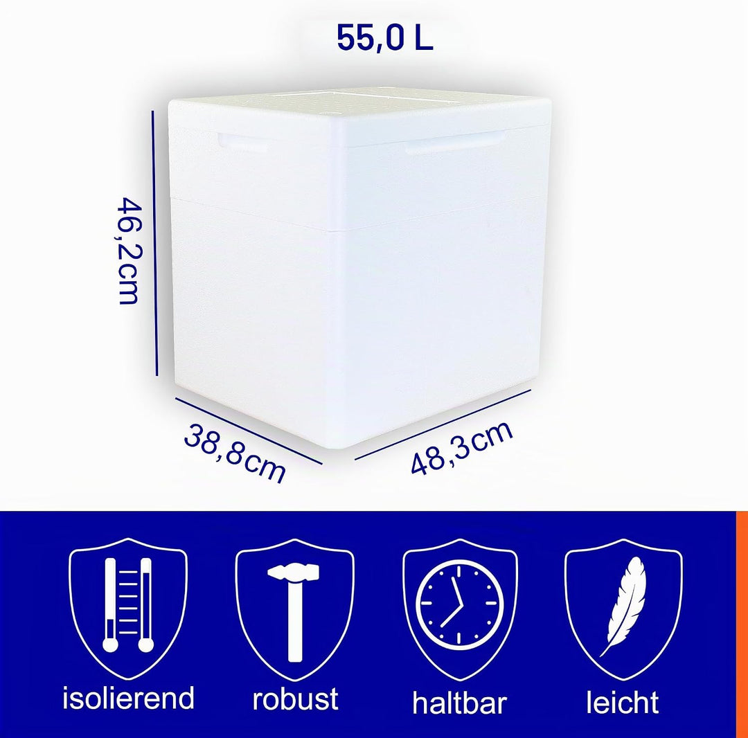 Styroporboxen 55 Liter mit Deckel | Thermobox Innenmass: 42 x 32,5 x 40 cm | Isolierbehälter in weis