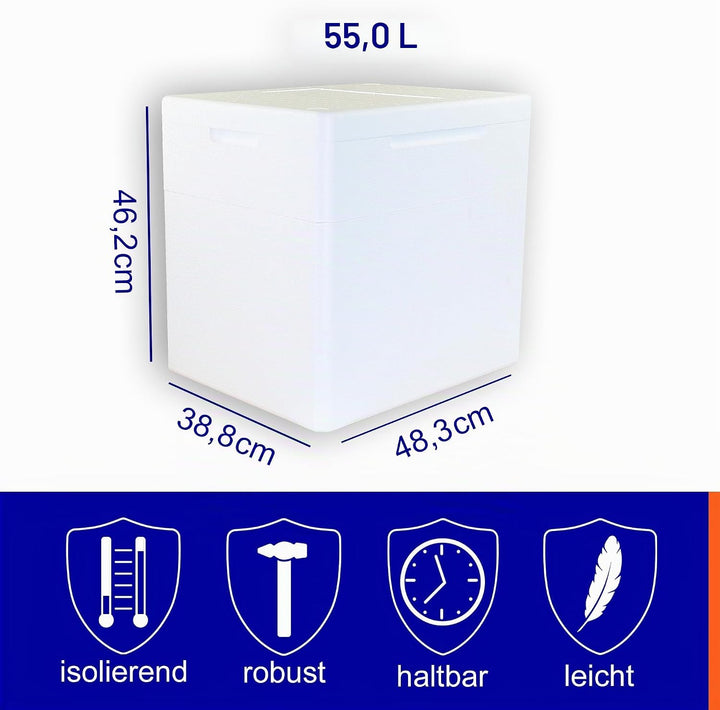 Styroporboxen 55 Liter mit Deckel | Thermobox Innenmass: 42 x 32,5 x 40 cm | Isolierbehälter in weis